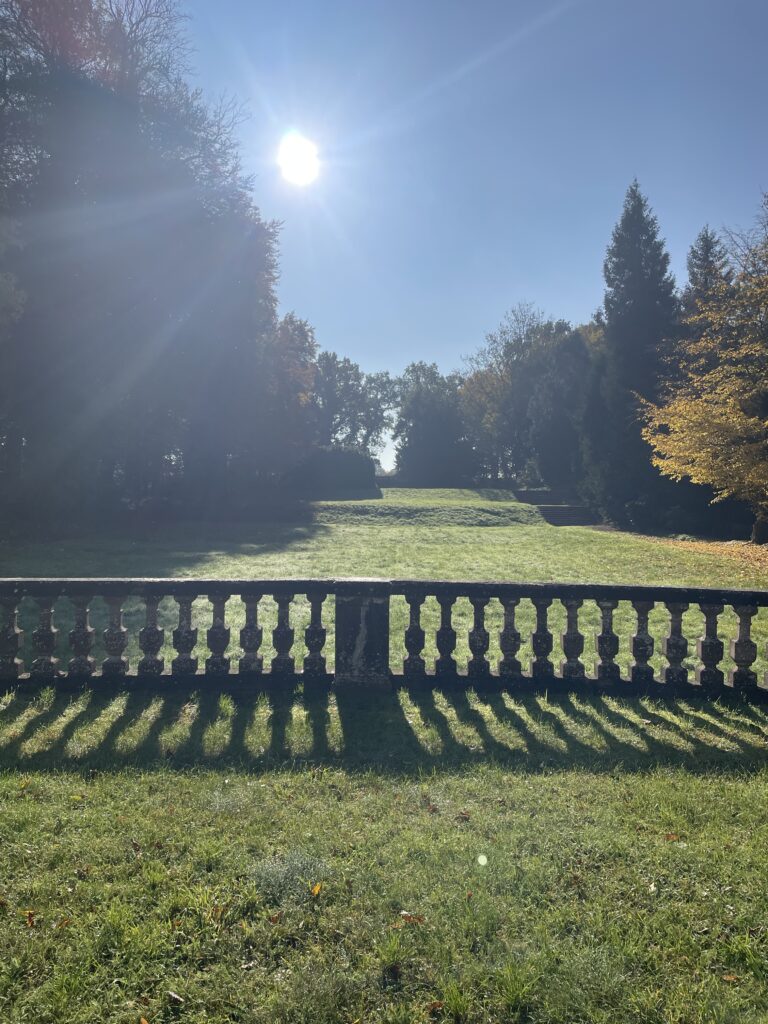Sonnige Parklandschaft mit grünem Gras, Steinbalustrade und Bäumen, die im Morgenlicht lange Schatten werfen - eine idyllische Hochzeitslocation im Herzen von Mecklenburg-Vorpommern.